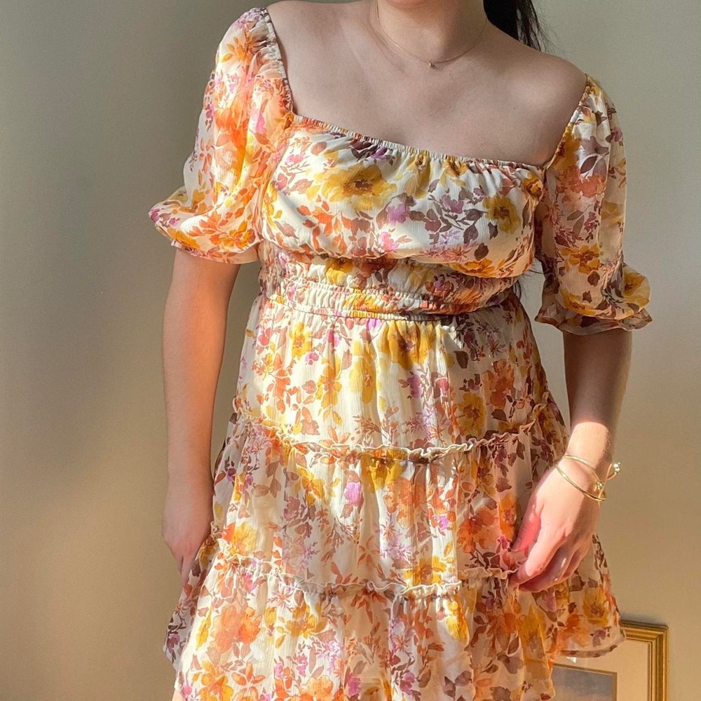 Jun and Ivy Floral Orange/Yellow/Purple Tiered Ruffle Mini Dress Size L